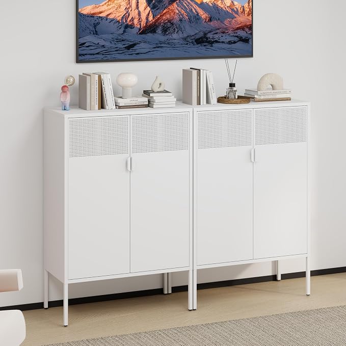 3-Tier Metal Storage Cabinet with 2 Adjustable Shelves, 2 Mesh Door Metal Locker Accent Cabinet with Legs, White Storage Cabinets, Metal Tv Stand Cabinet for Home, Office, Entryway & Hallway