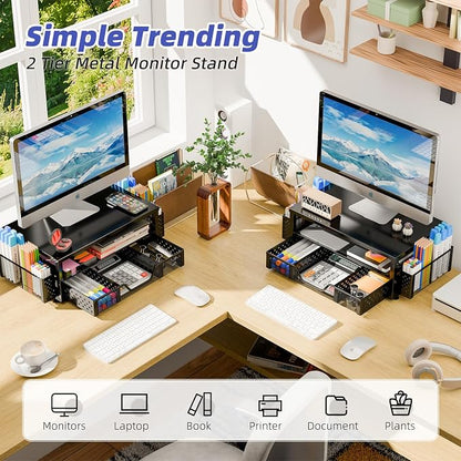 Simple Trending 2-Tier Monitor Stand Riser, Drawer & 2 Pen Holders, Black | Sturdy Material