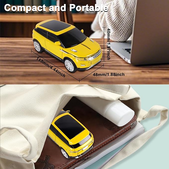 Car Mouse Mini Small Cool SUV Car Shaped Wireless Mouse Portable 2.4GHz Optical Cordless Mice with USB Receiver 3 Buttons for Office School Travel for Laptop PC Desktop Computer Gift ( Yellow-1 Pack)