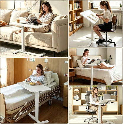 Adjustable Overbed Table with Tilt Board & Wheels, Rolling Bedside Laptop Desk for Hospital Bed Home Office, Height Adjustable Bed Table Tray for Eating Working Reading, 26.18"-42.12" (White)