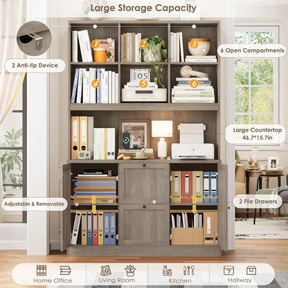 HIFIT 72'' Tall File Bookcase with Power Outlet & Printer Stand, 2 Drawer File Cabinets for Home Office Hanging Letter/A4 File, Storage Cabinet with 3 Tier Book Shelf & Doors For Living Room, Ash Grey