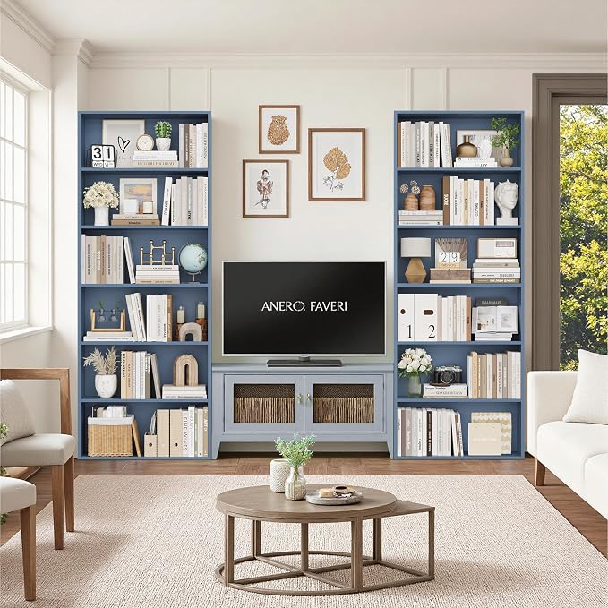 FOTOSOK 6-Tier Open Bookcase and Bookshelf, Freestanding Display Storage Shelves Tall Bookcase for Bedroom, Living Room and Office,Blue Set of 2