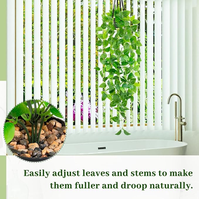 Artificial Hanging Plants with Black Pot, 39.37" Faux Pothos Trailing Vines, Potted Fake Greenery Indoor for Home Bathroom Bedroom Wall Shelf Decor