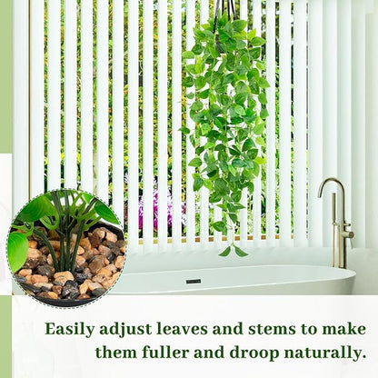 Artificial Hanging Plants with Black Pot, 39.37" Faux Pothos Trailing Vines, Potted Fake Greenery Indoor for Home Bathroom Bedroom Wall Shelf Decor