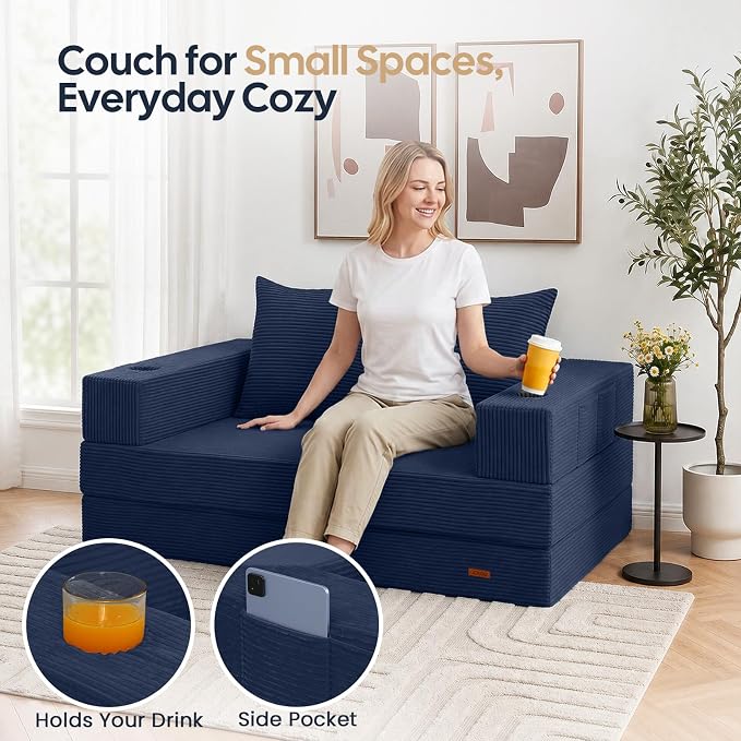 COMAX Futon Sofa Bed, 4‑in‑1 Convertible Sofa Bed, Folding Boneless Couches | Boneless Couch for living room, Fold Out Small Foldable Loveseat Floor Sleeper Mattress Lounge Space‑Saving, Navy Blue