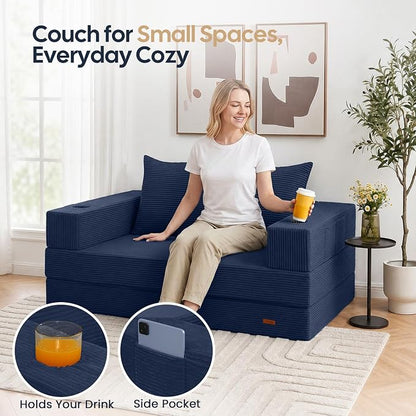 COMAX Futon Sofa Bed, 4‑in‑1 Convertible Sofa Bed, Folding Boneless Couches | Boneless Couch for living room, Fold Out Small Foldable Loveseat Floor Sleeper Mattress Lounge Space‑Saving, Navy Blue