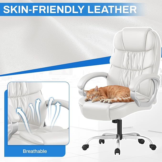 Furmax Leather High Back Office Chair Ergonomic Executive Office Chair Swivel Computer Desk Chair Lumbar Support Soft Cushioned Padded Arms (White)