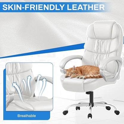 Furmax Leather High Back Office Chair Ergonomic Executive Office Chair Swivel Computer Desk Chair Lumbar Support Soft Cushioned Padded Arms (White)