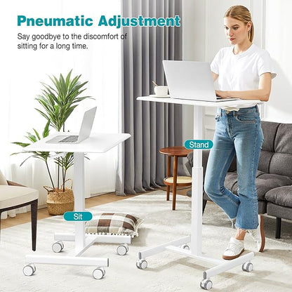 DUMOS Mobile Small Standing Desk, Portable Rolling Laptop Desk with 2 Lockable Wheels, Adjustable Height Computer Workstation for Home Office, 19 Inch White
