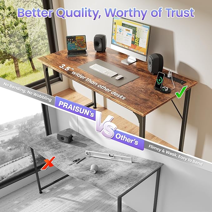 PRAISUN 40 X 20 Inch Computer Desk with Power Outlets and USB-C Port, Gaming Office Desk with Deeper Desktop, Writing Work Desk for Home Office, Study, Bedroom, Metal Frame, Rustic Brown