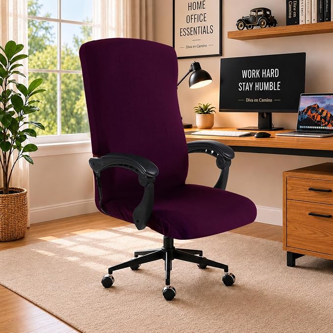 DIVA EN CAMINO DEC Universal Stretch Office Chair Cover with Zipper, Soft Slipcover for High Back Desk Chair, Plum