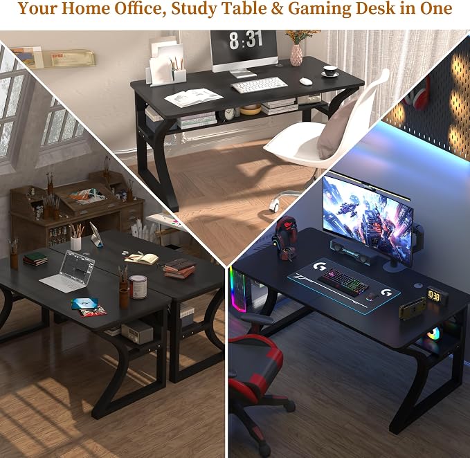 47'' Computer Desk Home Office Desk, Modern Computer Desk w/U Shaped Metal Frame, Storage Shelves, PC Table Study Writing Desk Workstation for Home Office (47inch/Black)