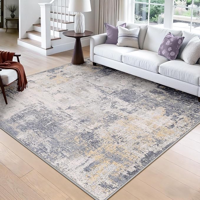 RELEANY Washable Area Rugs Square 8ft Non-Slip Modern Abstract Soft for Living Room Entryway Bedroom Kitchen, Print Pattern, Purple Grey Cream Yellow