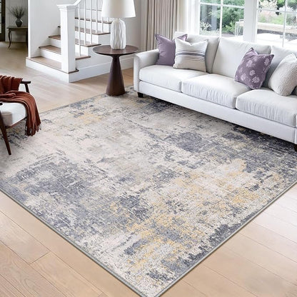 RELEANY Washable Area Rugs Square 8ft Non-Slip Modern Abstract Soft for Living Room Entryway Bedroom Kitchen, Print Pattern, Purple Grey Cream Yellow