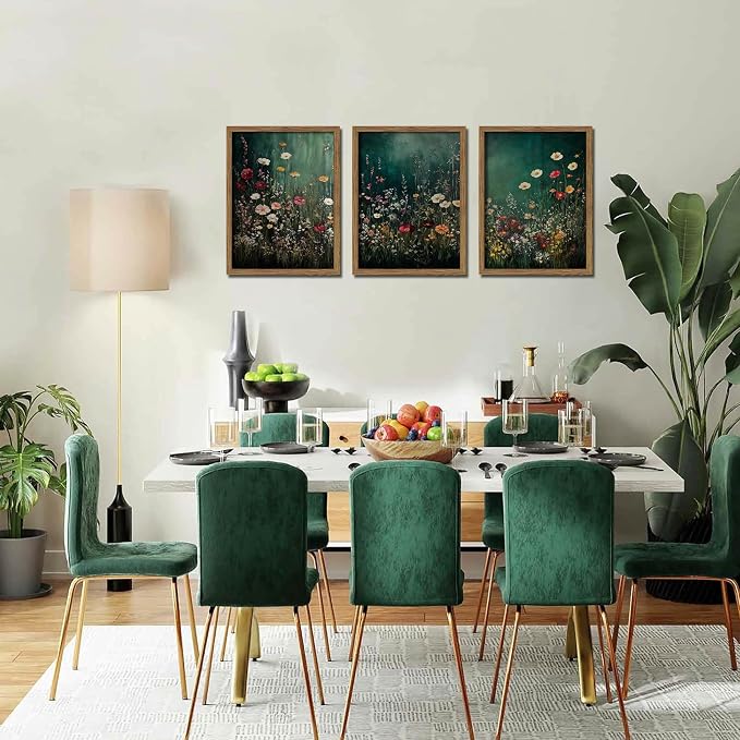 Vintage Wildflower Wall Art Set of 3, Moody Dark Green Flower Botanical Wall Decor Paintings,Nature Floral Farmhouse Landscape Posters Prints Pictures for Living Room Bedroom 16x24 Inch Wood Framed
