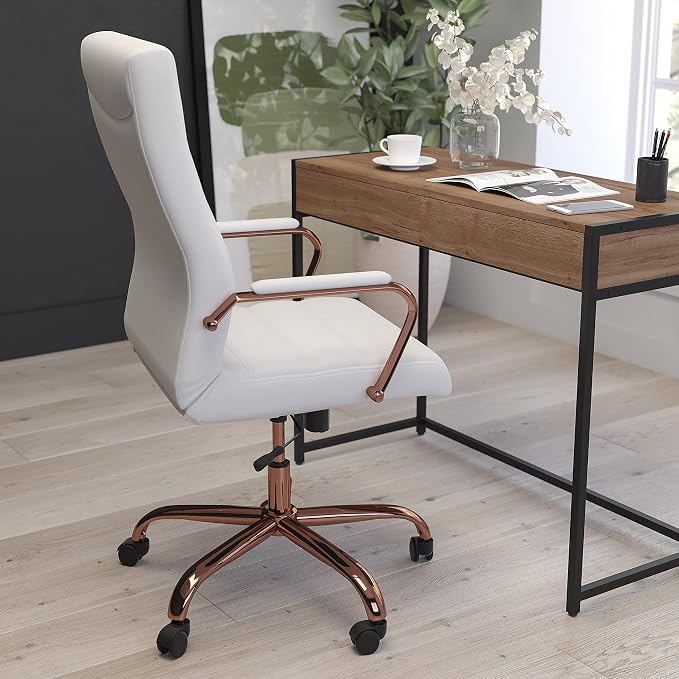 Merrick Lane Milano Contemporary High-Back White Faux Leather Home Office Chair with Padded Rose Gold Arms