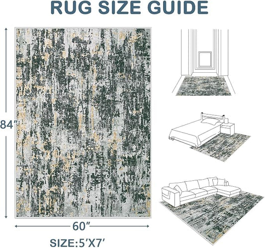 Area Rugs 5x7 Living Room: Washable Rug Modern Abstract Rugs Soft Non Slip Neutral Rug Stain Resistant Indoor Carpet for Bedroom Kitchen Dining Room Nursery Home Office Rugs(Black Grey Gold,5'x7')