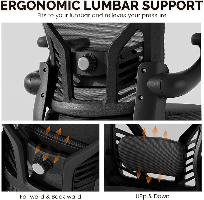 Ollega Computer Desk Chair with Wheels, Mesh Office Chair with Flip Up Arms, Adjustable Lumbar Support, Swivel Desk Chair Comfy, Black