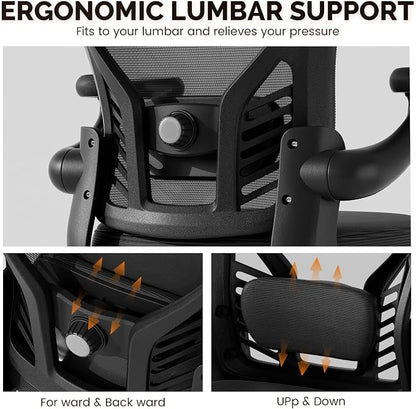 Ollega Computer Desk Chair with Wheels, Mesh Office Chair with Flip Up Arms, Adjustable Lumbar Support, Swivel Desk Chair Comfy, Black