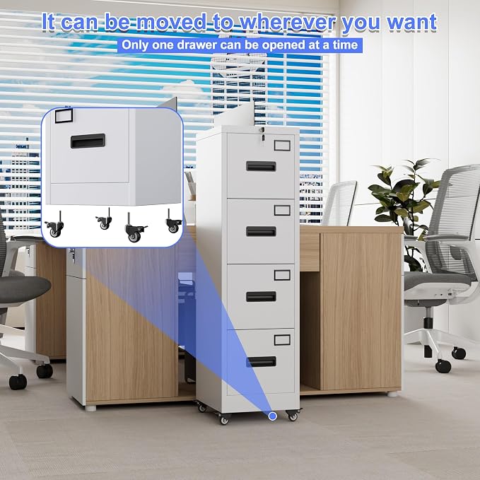 Aobabo 4 Drawer File Cabinet with Lock and Wheels, Metal Vertical Filing Cabinet with Anti-Tilt Interlock System for Home Office, Fits Letter/Legal Size, White,Required Assembly