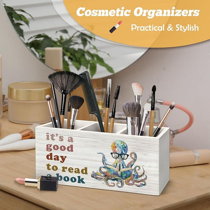 Book Lovers Gifts Octopus Pen Holder Organizer for Desk Accessories, It's a Good Day to Read a Book Wooden Box Sign Desk Decorations for Kids Classroom Reading Room Corner Nook Decor