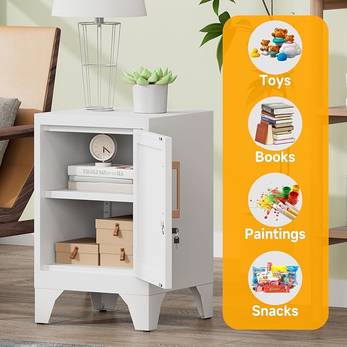 23.6" H White Metal Locker Nightstand with 1 Lockable Door and 1 Adjustable Shelf, Small Storage Cabinet with Detachable Legs and Vintage Handle for Home Office,Living Room or Bedroom,Easy Assembly