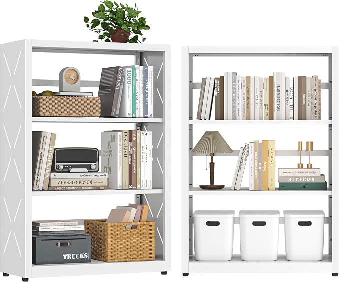 UNICOLY Bookshelves and Bookcases, 3 Tier Metal Bookshelf with Adjustable Shelves and Bookends, Open Shelf Bookcase, Display Shelves for Home Decor Bedroom, Living Room, Home Office, White