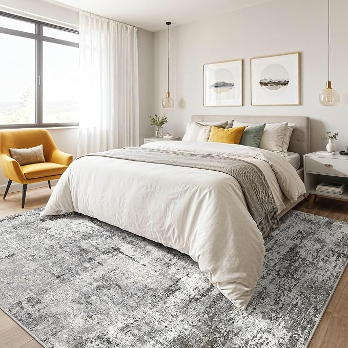 6x9 Area Rugs Living Room: Washable Large Abstract Neutral Modern Soft Gray Rug Stain Resistant Indoor Floor Non-Slip Accent Carpet for Bedroom Nursery Playroom Office Dining Room Home Decor