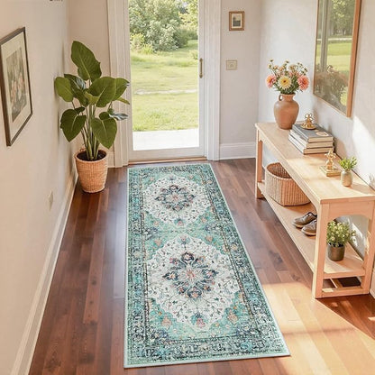 RELEANY Area Rugs Runner 2'x6' Washable Non-Slip, Floral Vintage Distress Medallion Carpet for Kitchen Hallway Bedroom Beside Laundry Room Bathroom, Green Navy Blue White Red Teal