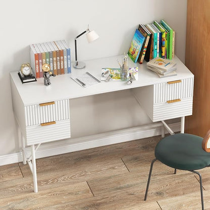 Tangkula White Desk with 4 Drawers, 48 Inch Home Office Desk with Storage, Modern Computer Desk Study Writing Desk with Metal Frame for Bedroom, Study, Office