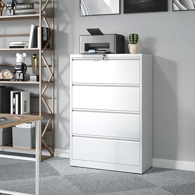 Metal Lateral File Cabinets with Lock,4 Drawer Filing Cabinets for Home Office,Storage Cabinets for Hanging Files Letter/Legal/F4/A4 (White)