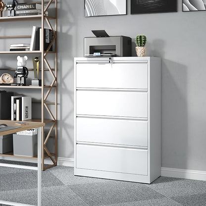 Metal Lateral File Cabinets with Lock,4 Drawer Filing Cabinets for Home Office,Storage Cabinets for Hanging Files Letter/Legal/F4/A4 (White)