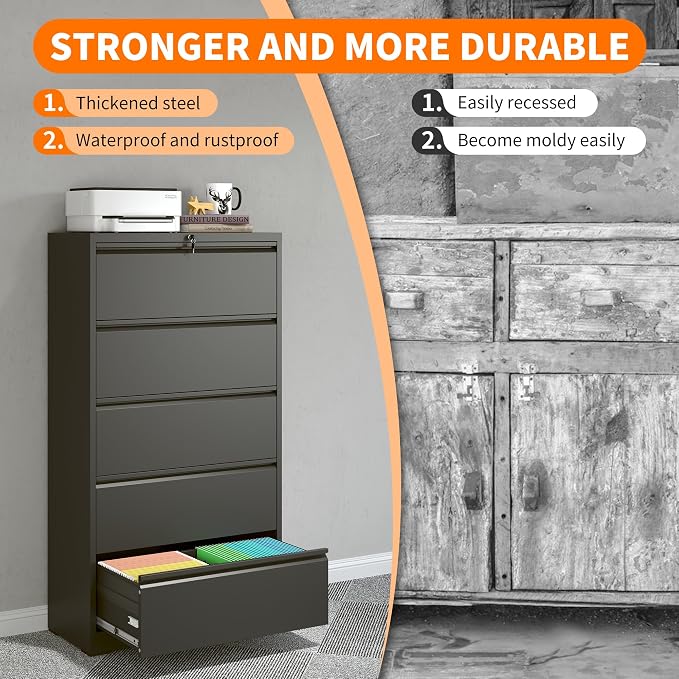 5 Drawer Lateral File Cabinet with Lock,Heavy Duty Large Metal Filing Cabinet Home Office Horizontal File Cabinets Wide Steel Cabinet for Legal/Letter Size File,Assembly Required