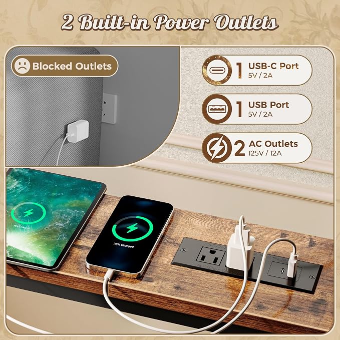 Huuger Narrow Sofa Table with 2 Power Outlets, 110.2-157.5 Inch Adjustable Length, Behind the Couch Table with USB-C Port, Long Entryway Console Table, Anti-tip Kit, for Living Room, Rustic Brown