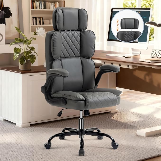 Office Chair with Adjustable Headrest - Executive Leather Desk Chair for Home Office, with Flip-Up Arms & Ergonomic Lumbar Support, Perfect for Work and Study, Gray