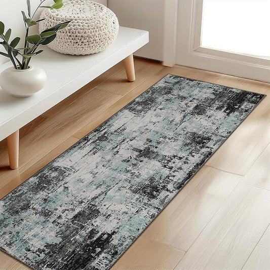 RELEANY Washable Area Rugs 2'x6' Non-Slip Modern Abstract Soft for Living Room Entryway Bedroom Kitchen, Print Pattern, Blue Black Teal