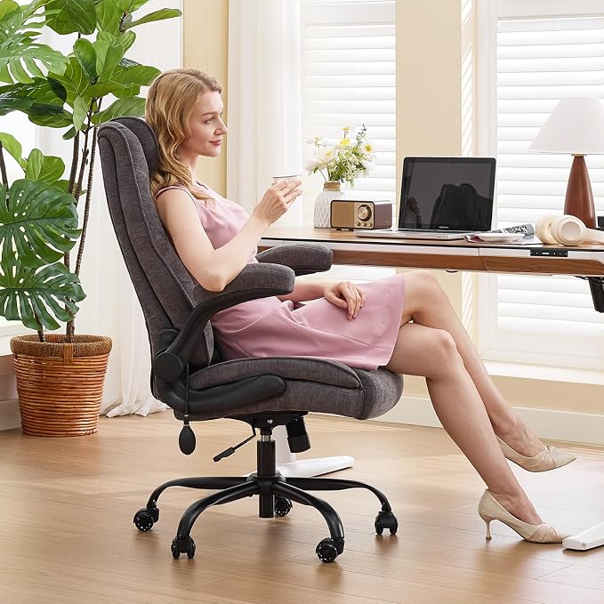 CIOMAN 500lbs Big and Tall Office Chair with Inflatable Lumbar Support for Back Pain, Executive Office Chair with Flip Up Arms and Rocking Function, Wide Cushion Computer Chair for All-Day Sitting