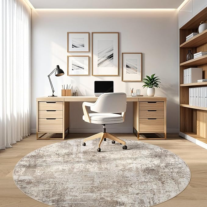 7ft Round Rug Living Room Rugs: 7x7 Washable Circle Large Abstract Modern Soft Stain Resistant Non-Slip Indoor Floor Carpet for Bedroom Nursery Office Dining Room Playroom Home House- Beige Brown