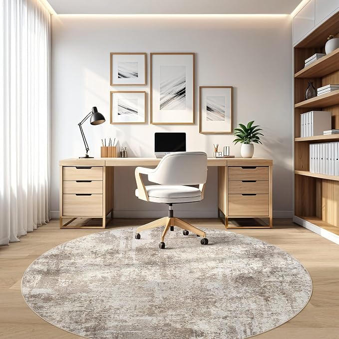 10ft Round Rug Living Room Rugs: 10x10 Washable Circle Large Abstract Modern Soft Stain Resistant Non-Slip Indoor Floor Carpet for Bedroom Nursery Office Dining Room Playroom Home House- Beige Brown