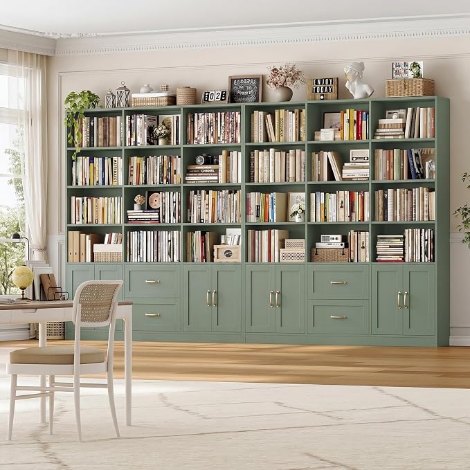 HOSTACK 71" Tall Triple Wide Bookshelf with Doors & Drawers, Modern Wood Bookcase for Storage, 6-Tier Large Bookcase with Display Shelves, Space-Saving Bookshelf for Living Room, Home Office, Green