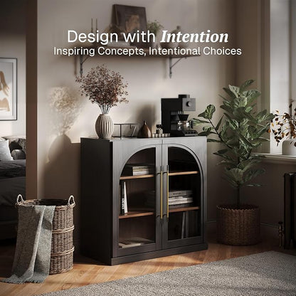 BELLEZE 32.5" Kitchen Storage Cabinet with Adjustable Shelves,Freestanding Accent Cabinet with Fluted Arched Design & Gold Handles,Modern Credenza for Living Room,Dining Room,Entryway - Ebony