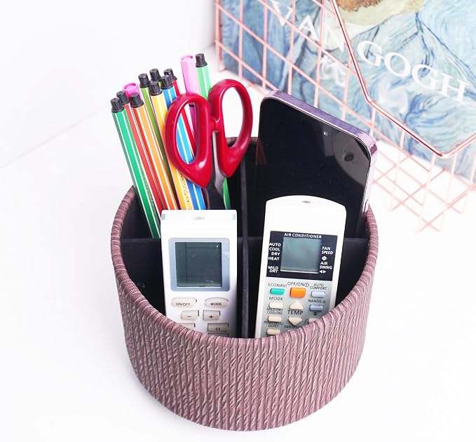Round Leather Art Supply Organizer,Remote Control Holder,360 Degree Spinning,Multi-Functional Pencil Holder,4 Compartments Desktop Stationary Organizer(1-Wood Soil)