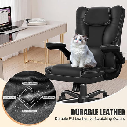 Ergonomic Office Chair with Flip-Up Armrests, Mid Back Executive PU Leather Desk Chair, Height Adjustable with Lumbar Support, Rocking & Swivel Computer Chair for Home Office