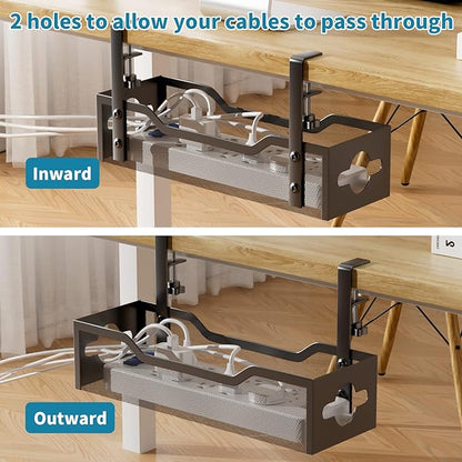 Under Desk Cable Management Tray No Drill, Metal Mesh Cable Management Under Desk with Clamp Mount, 2 Hole Cable Tray with Wire Management and Cord Organizer for Home Office Standing Desk