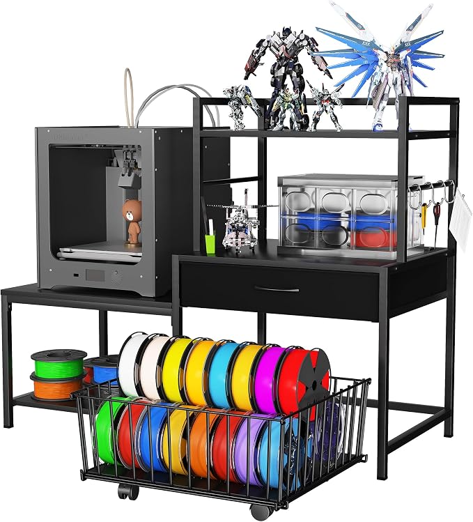 Saudism 3D Printer Stand with Storage Drawer and Rolling Filament Basket, Industrial Printer Table with Open Shelves and Hooks, Sturdy Metal Workstation for 3D Printing Tools and Accessories (Black)