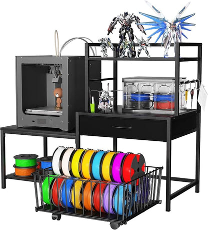 Saudism 3D Printer Stand with Storage Drawer and Rolling Filament Basket, Industrial Printer Table with Open Shelves and Hooks, Sturdy Metal Workstation for 3D Printing Tools and Accessories (Black)