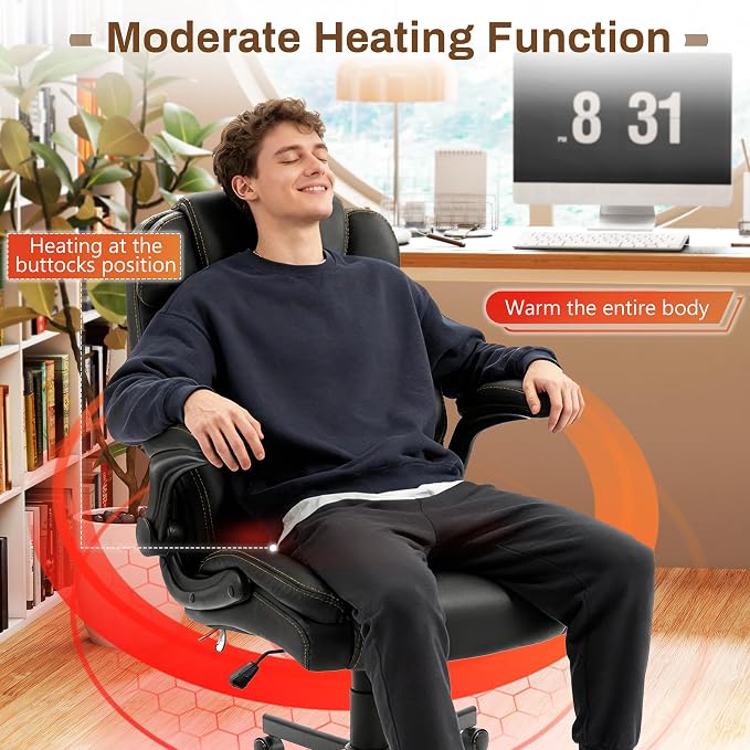Massage Office Chair, 500LBS Ergonomic Rocking Executive Desk Chairs with 4 Points Vibration&Heat,Padded Flip-up Armrests for Big and Tall Office Chair,Swivel Computer Chair Thicken, PU Black