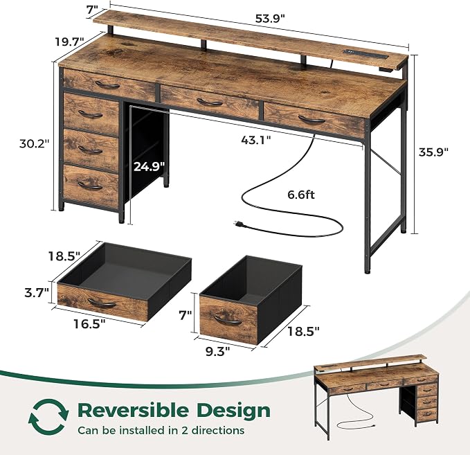 Huuger Gaming Desk with 6 Drawers, Computer Desk with LED Lights Power Outlets and Type-C, 55 Inch Office Desk with Storage, Monitor Stand, Writing Desk for Home Office, Rustic Brown, 1CD102F