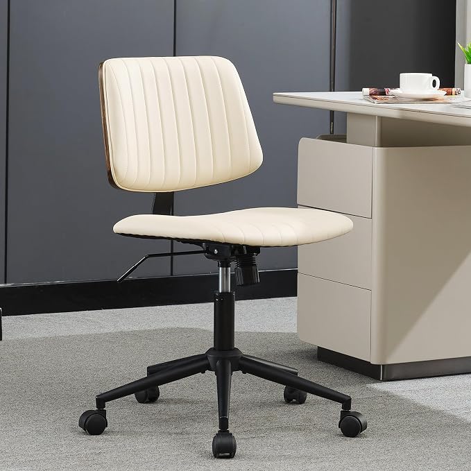 Home Office Desk Chair with Wheels,Modern Walnut Small Desk Chair,Armless Mid Back 360 Swivel Computer Chair,Adjustable Height No Arms PU Leather Chair for Office,Reading,Meeting Room (Beige)