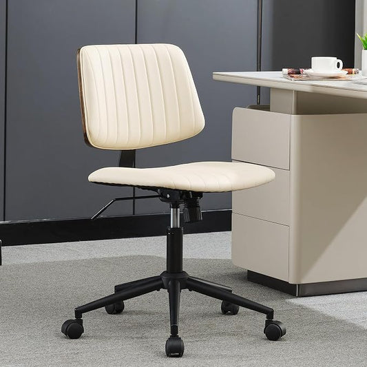 Home Office Desk Chair with Wheels,Modern Walnut Small Desk Chair,Armless Mid Back 360 Swivel Computer Chair,Adjustable Height No Arms PU Leather Chair for Office,Reading,Meeting Room (Beige)